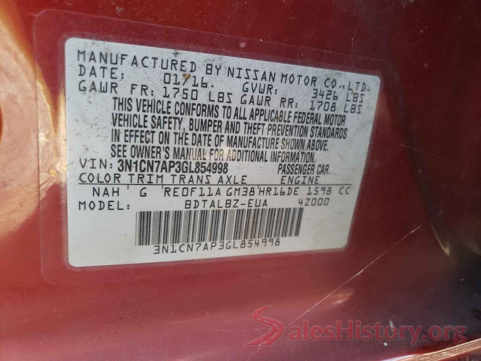 3N1CN7AP3GL854998 2016 NISSAN VERSA