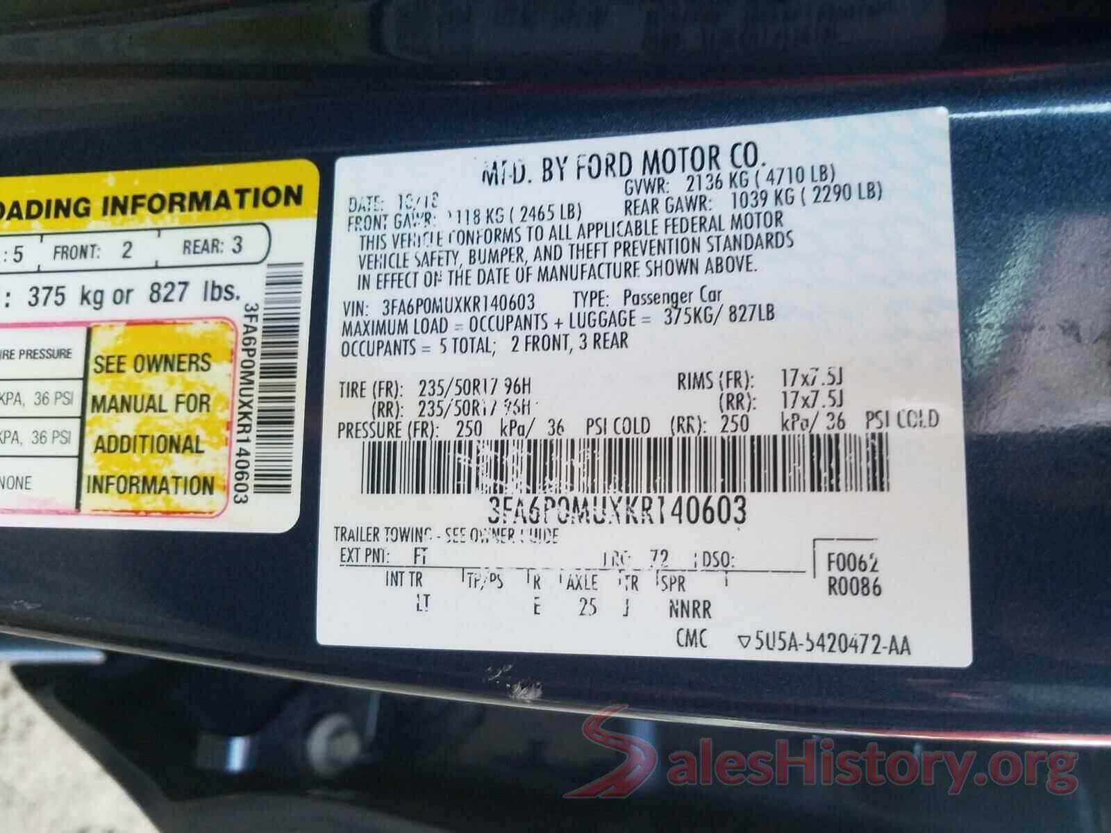 3FA6P0MUXKR140603 2019 FORD FUSION