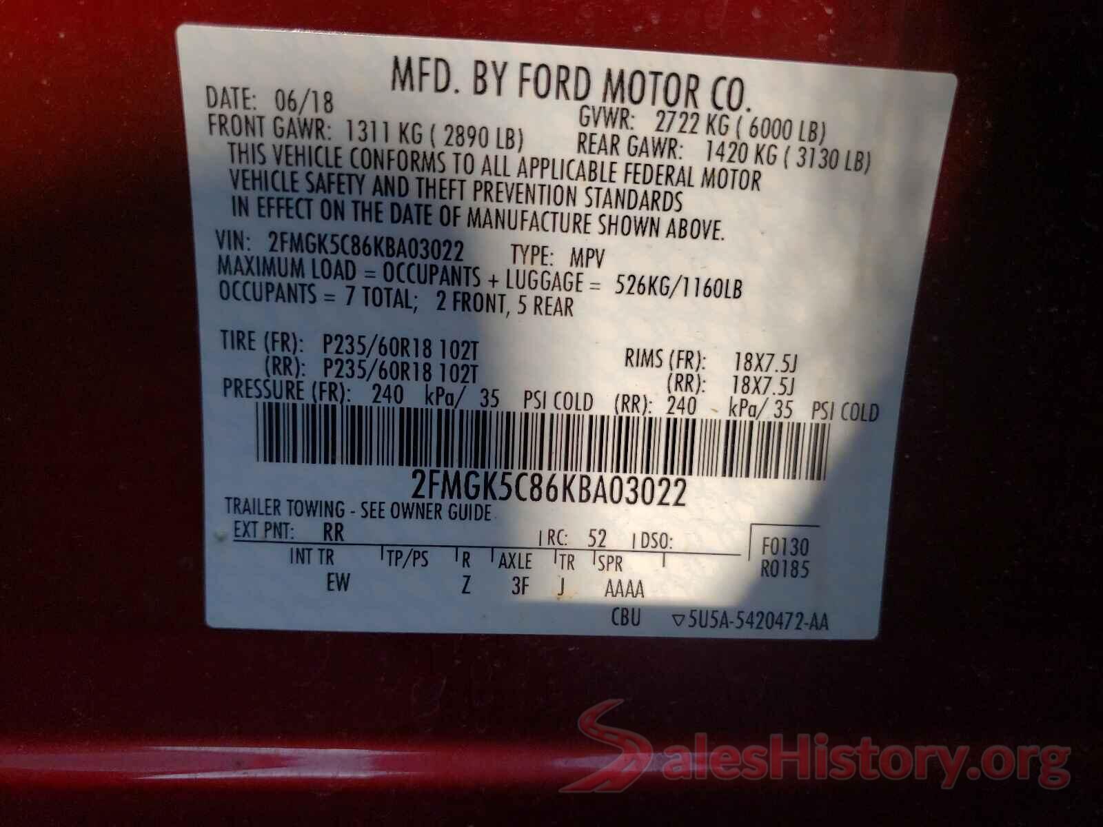 2FMGK5C86KBA03022 2019 FORD FLEX