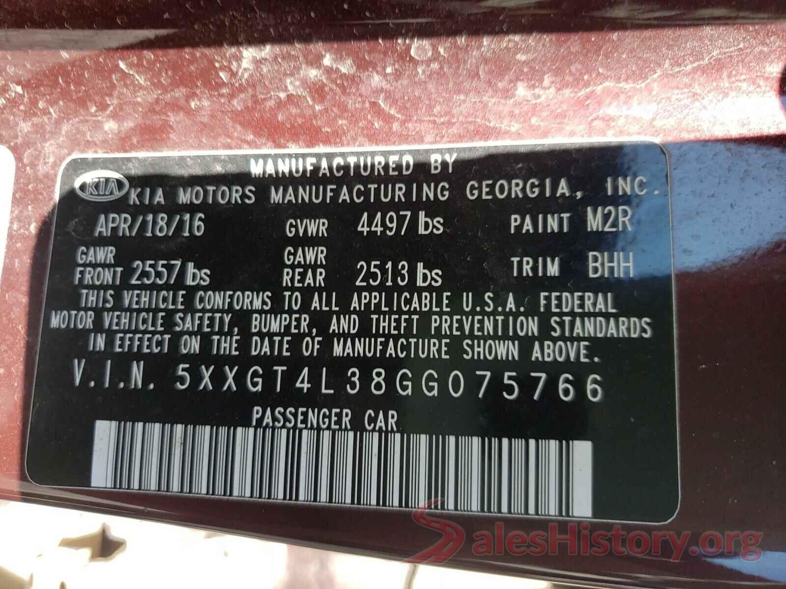 5XXGT4L38GG075766 2016 KIA OPTIMA