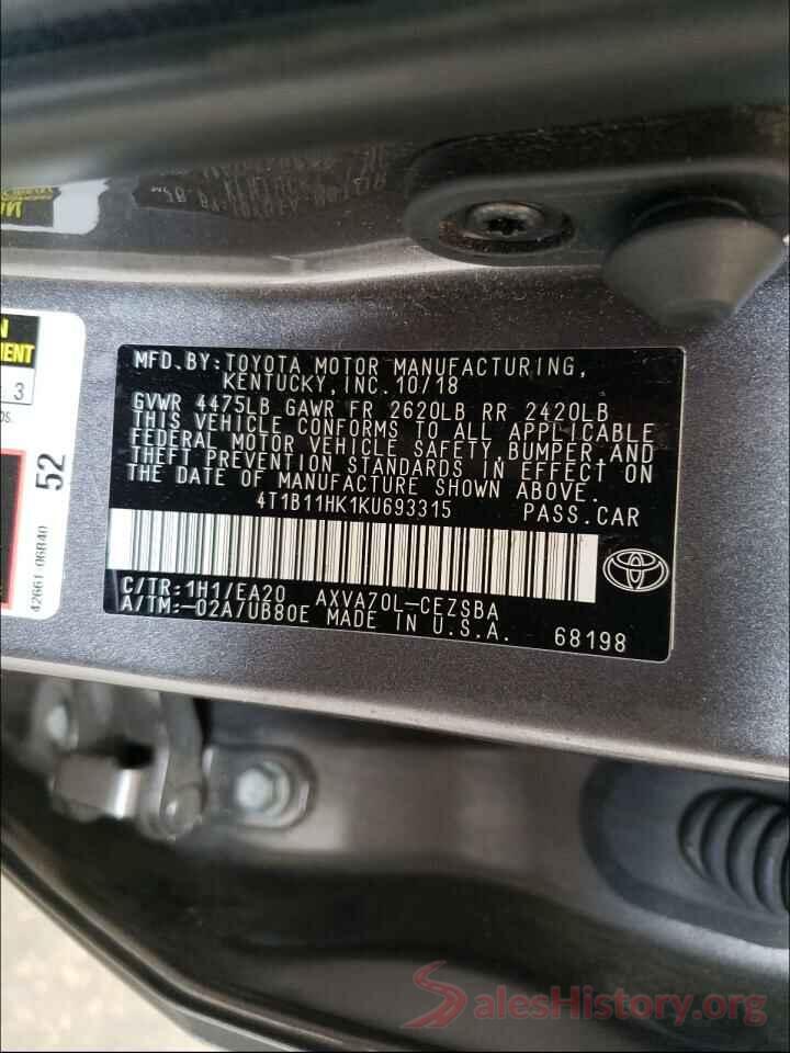 4T1B11HK1KU693315 2019 TOYOTA CAMRY