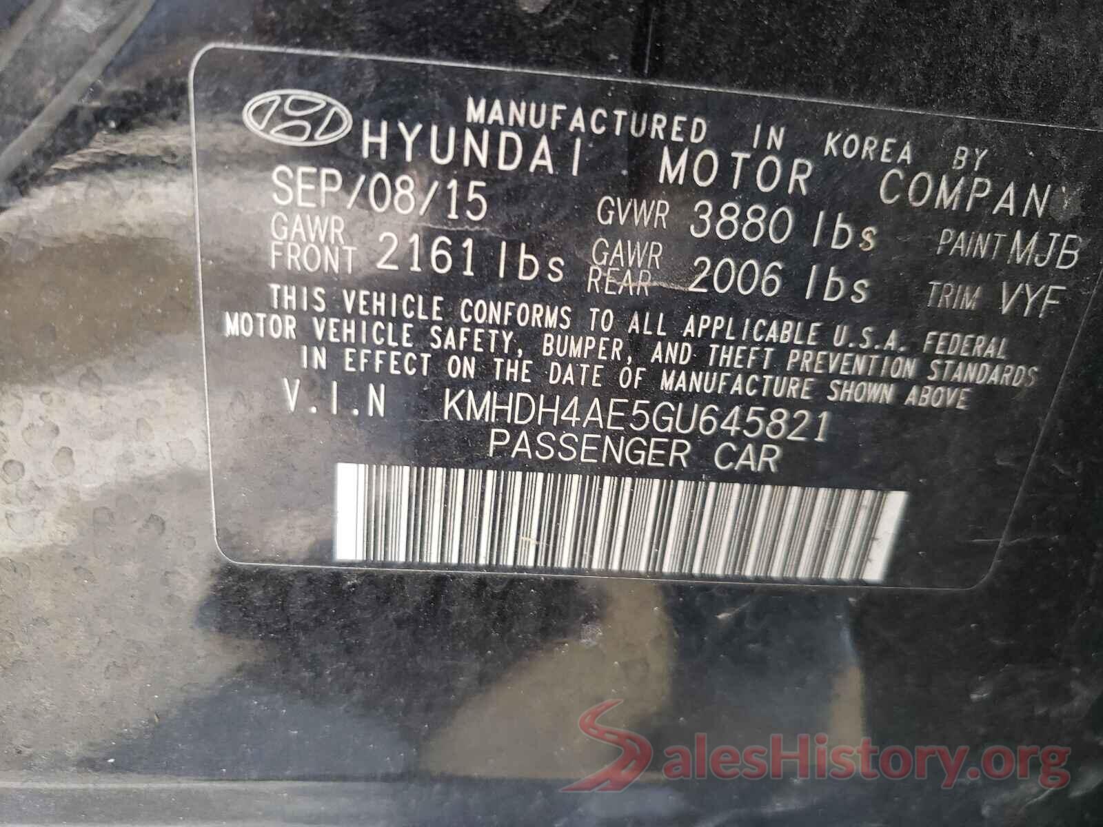 KMHDH4AE5GU645821 2016 HYUNDAI ELANTRA