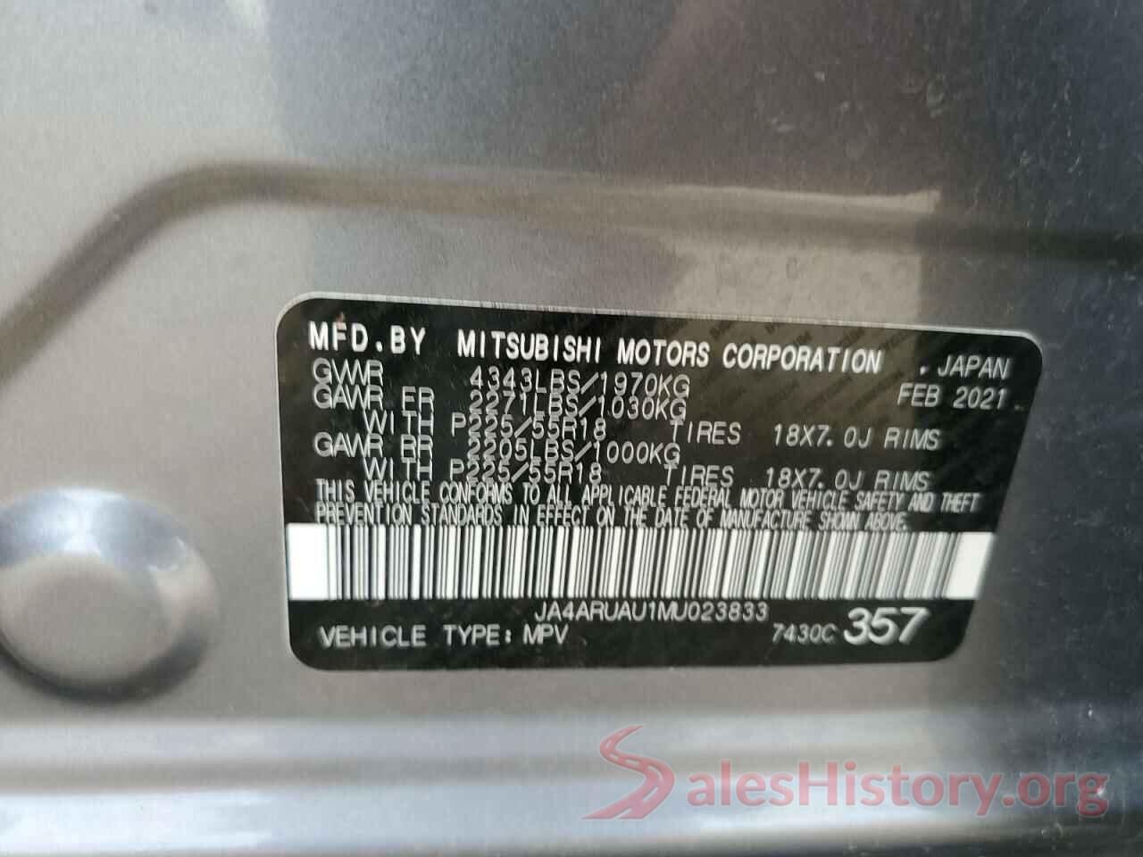 JA4ARUAU1MU023833 2021 MITSUBISHI OUTLANDER