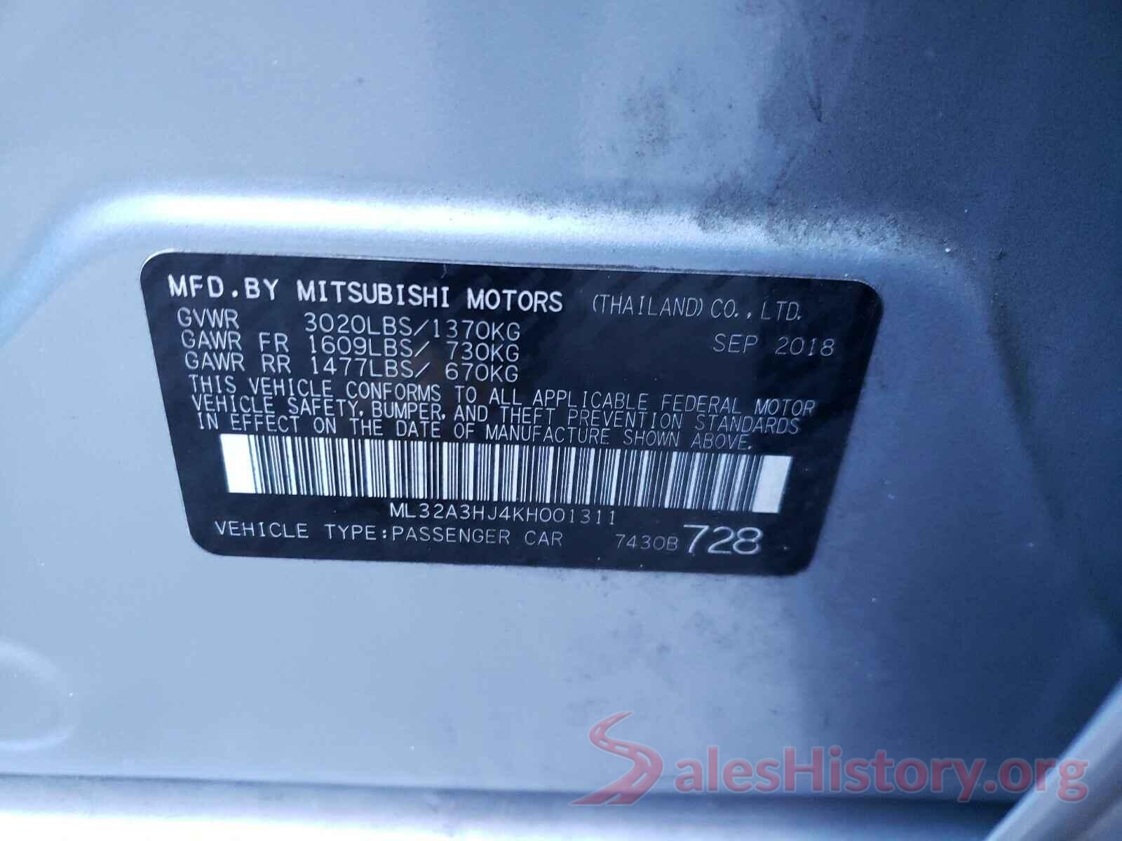 ML32A3HJ4KH001311 2019 MITSUBISHI MIRAGE