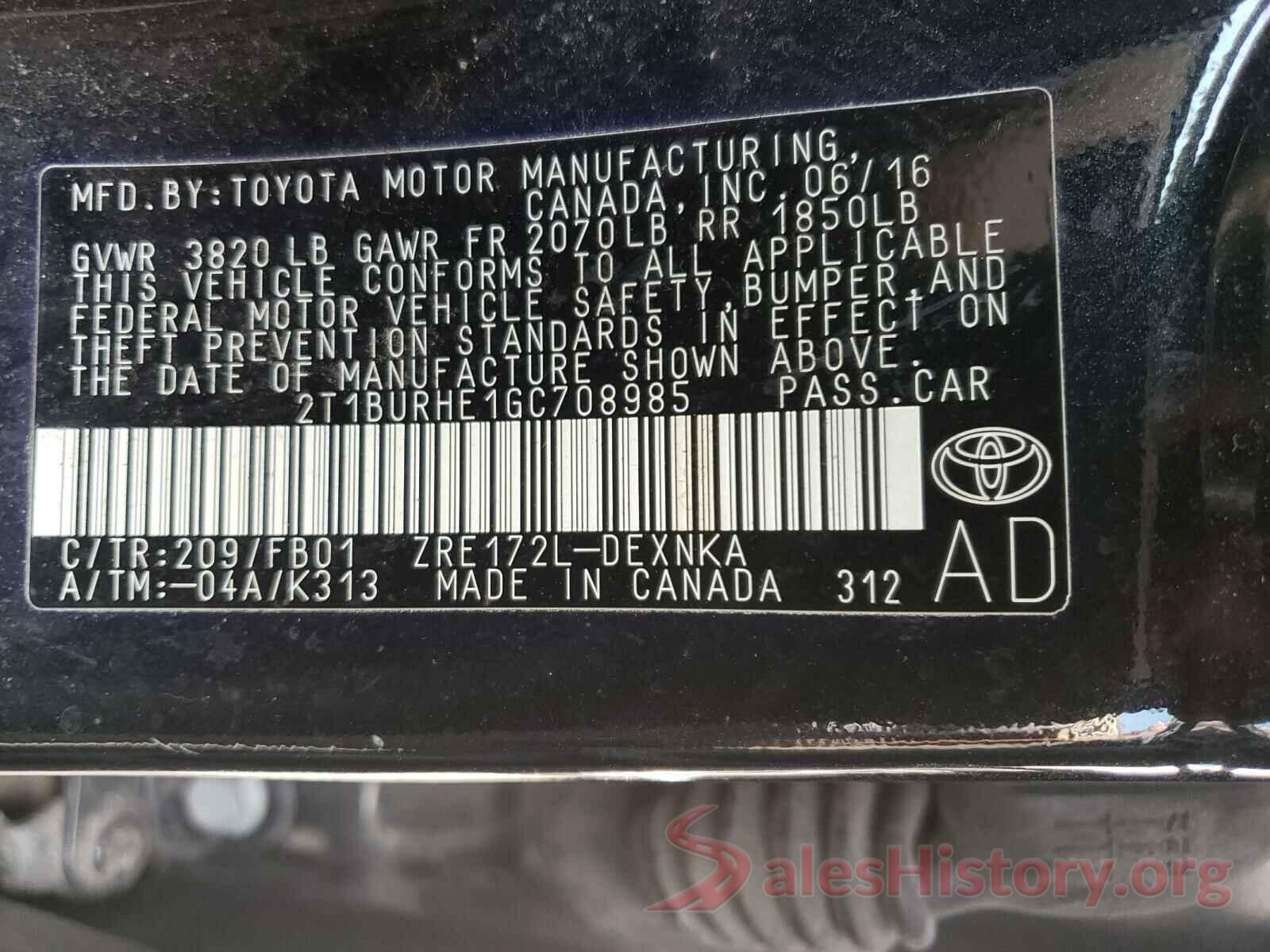 2T1BURHE1GC708985 2016 TOYOTA COROLLA