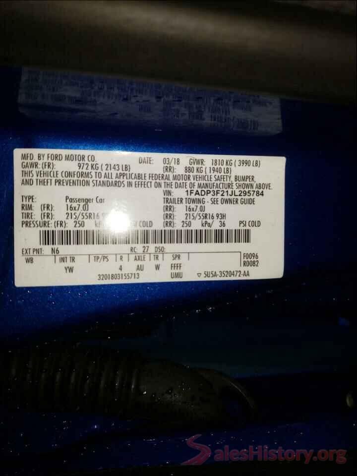 1FADP3F21JL295784 2018 FORD FOCUS