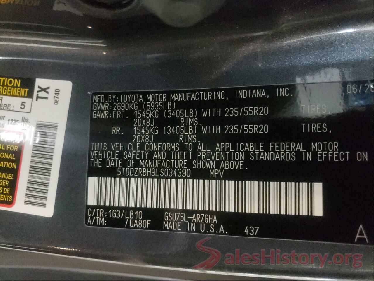 5TDDZRBH9LS034390 2020 TOYOTA HIGHLANDER