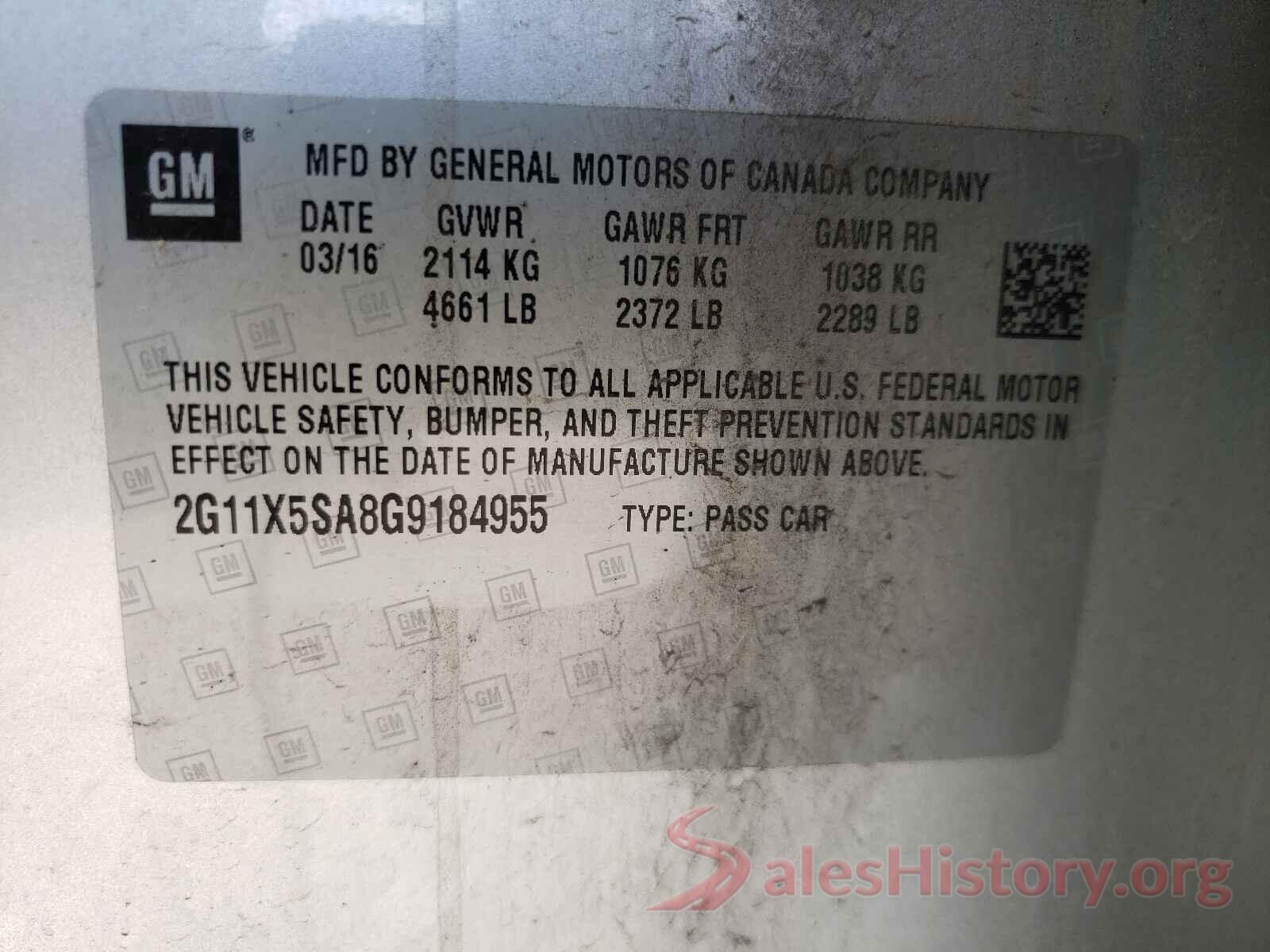 2G11X5SA8G9184955 2016 CHEVROLET IMPALA