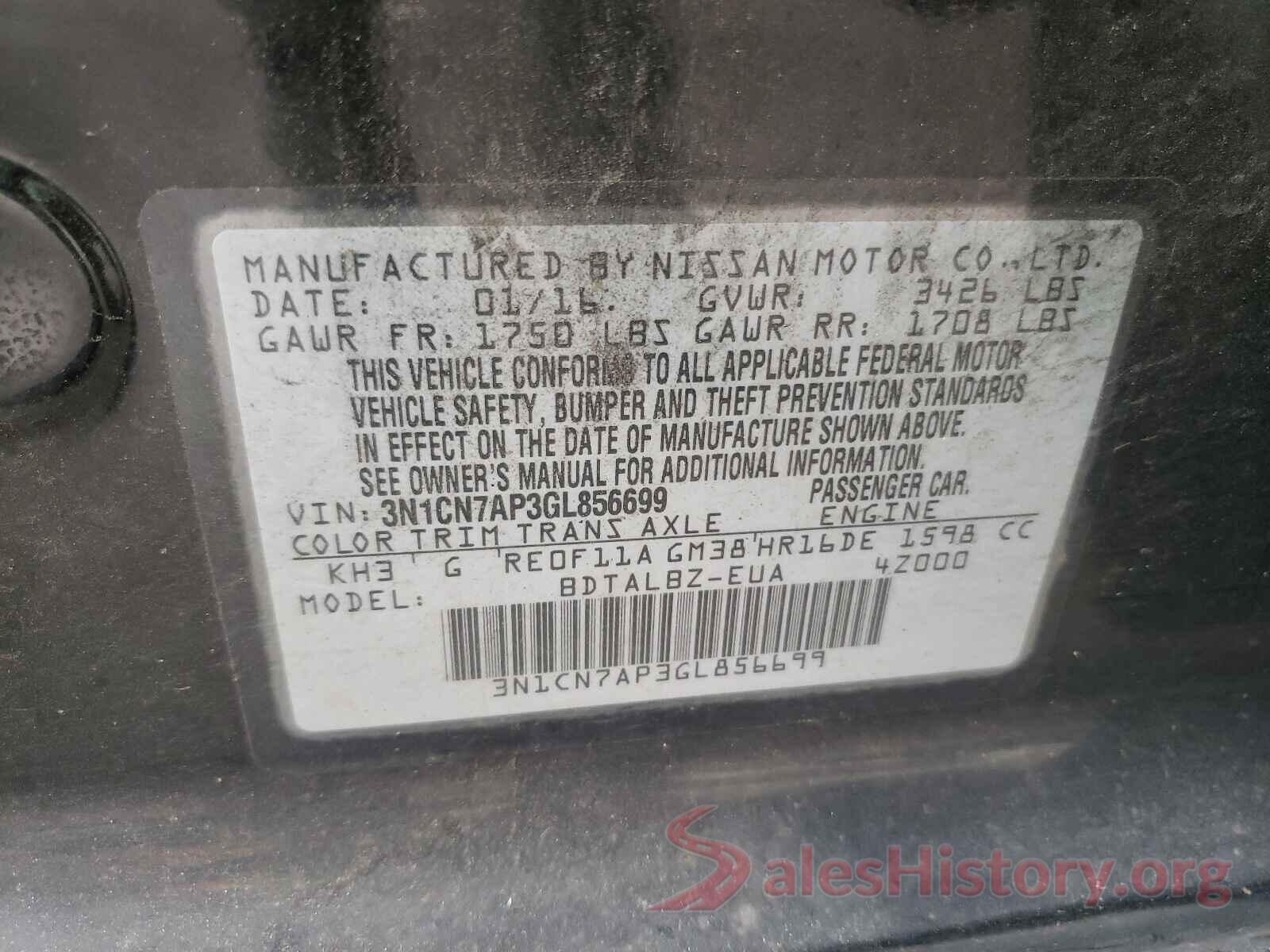 3N1CN7AP3GL856699 2016 NISSAN VERSA