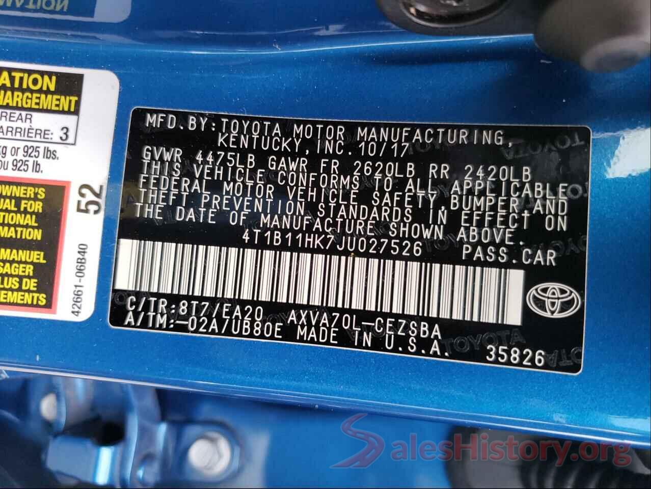 4T1B11HK7JU027526 2018 TOYOTA CAMRY