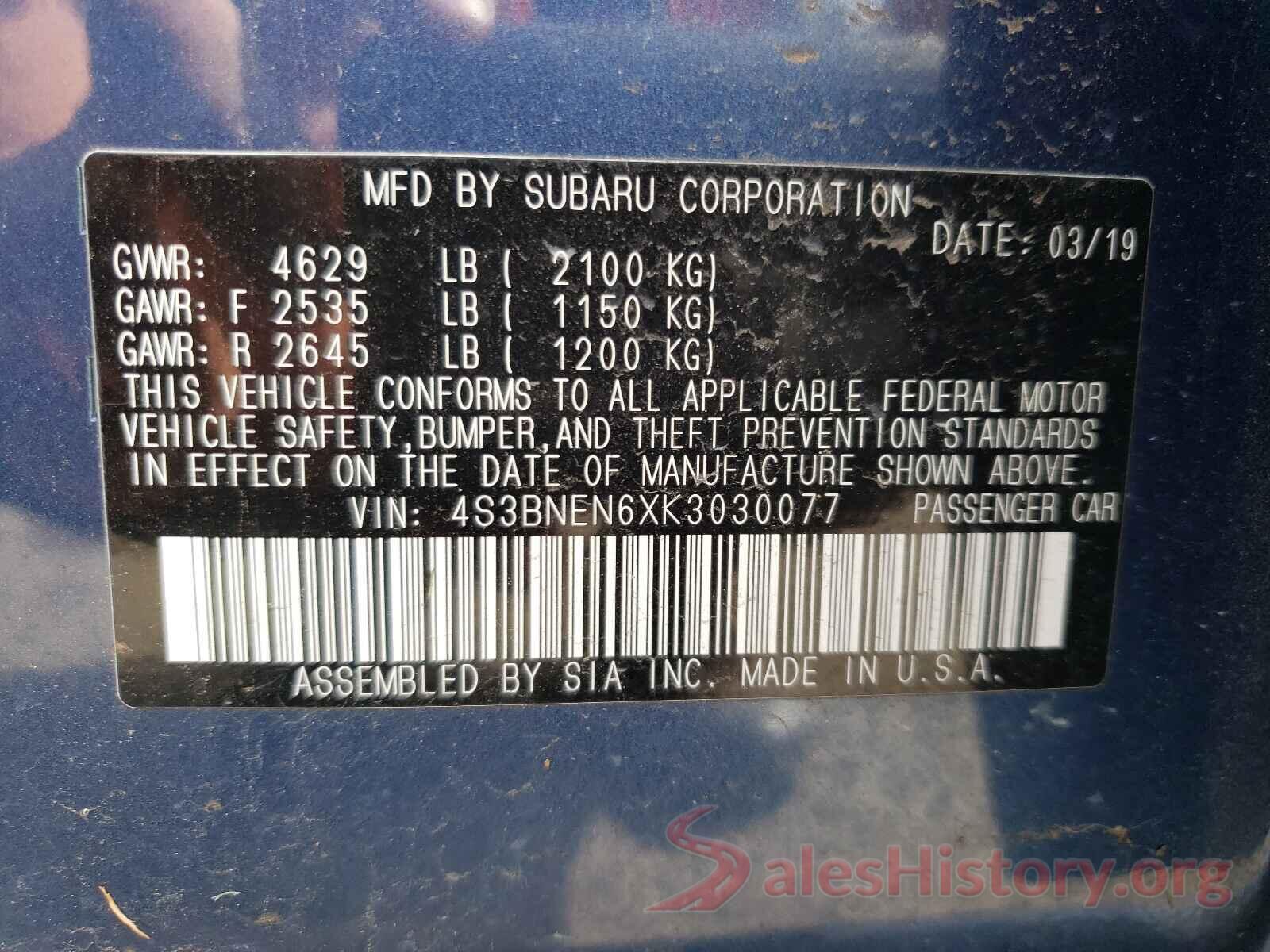 4S3BNEN6XK3030077 2019 SUBARU LEGACY