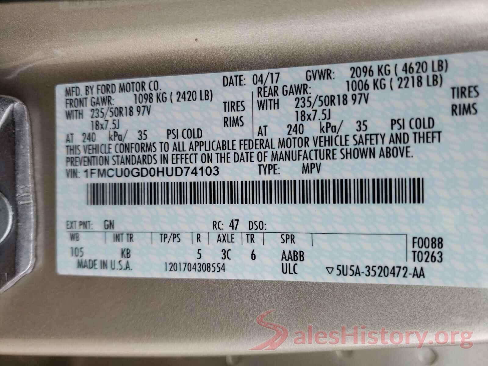 1FMCU0GD0HUD74103 2017 FORD ESCAPE