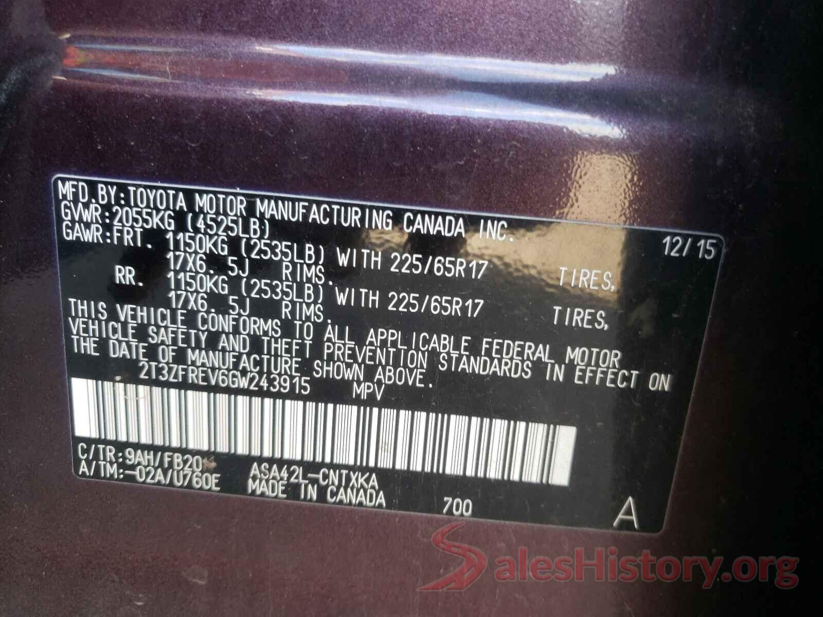 2T3ZFREV6GW243915 2016 TOYOTA RAV4