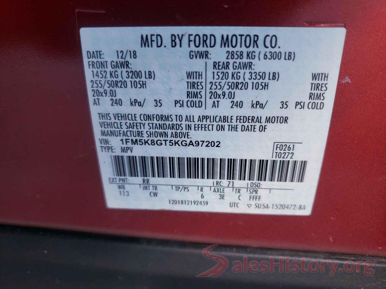 1FM5K8GT5KGA97202 2019 FORD EXPLORER