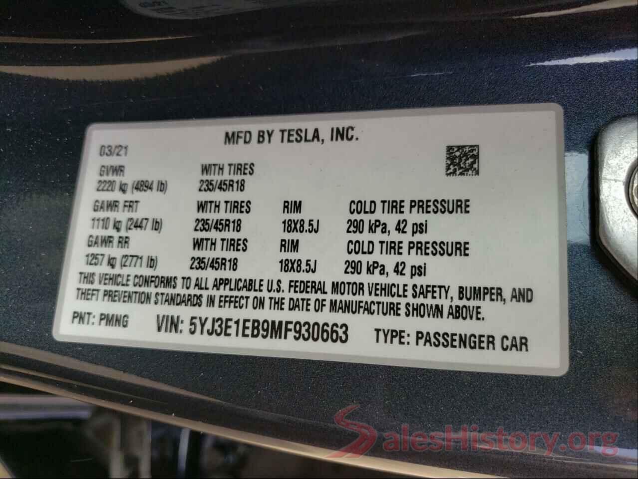 5YJ3E1EB9MF930663 2021 TESLA MODEL 3