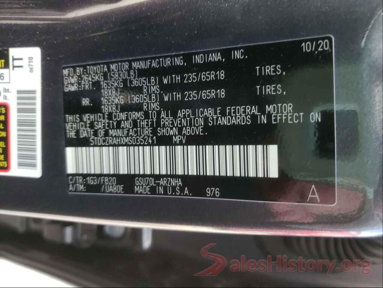 5TDCZRAHXMS035241 2021 TOYOTA HIGHLANDER