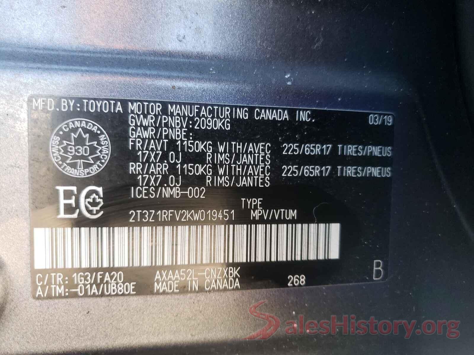 2T3Z1RFV2KW019451 2019 TOYOTA RAV4