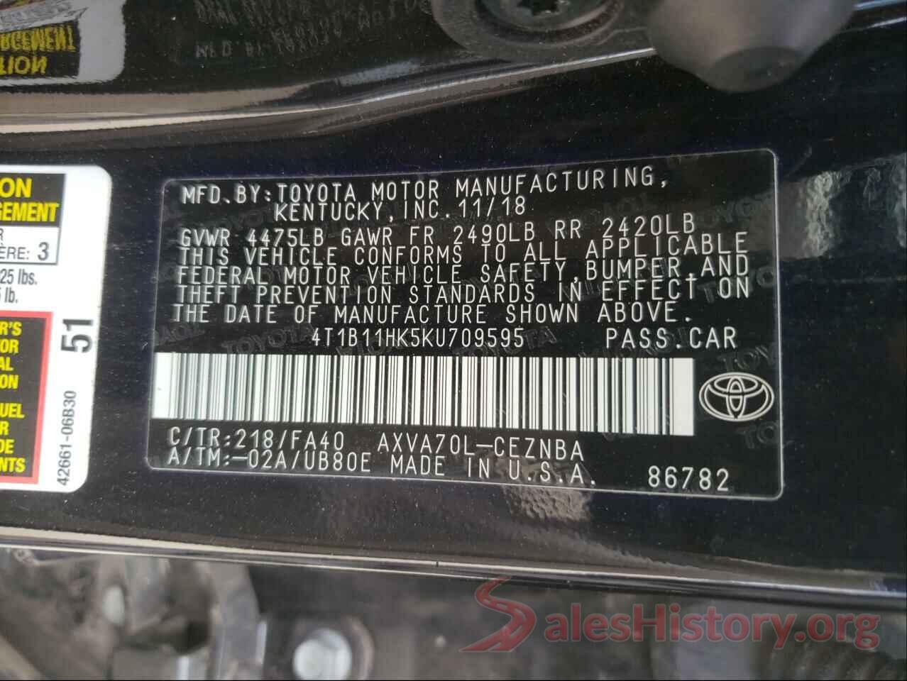 4T1B11HK5KU709595 2019 TOYOTA CAMRY