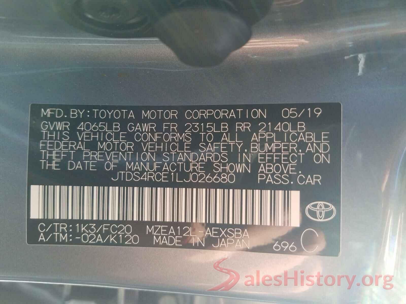 JTDS4RCE1LJ026680 2020 TOYOTA COROLLA