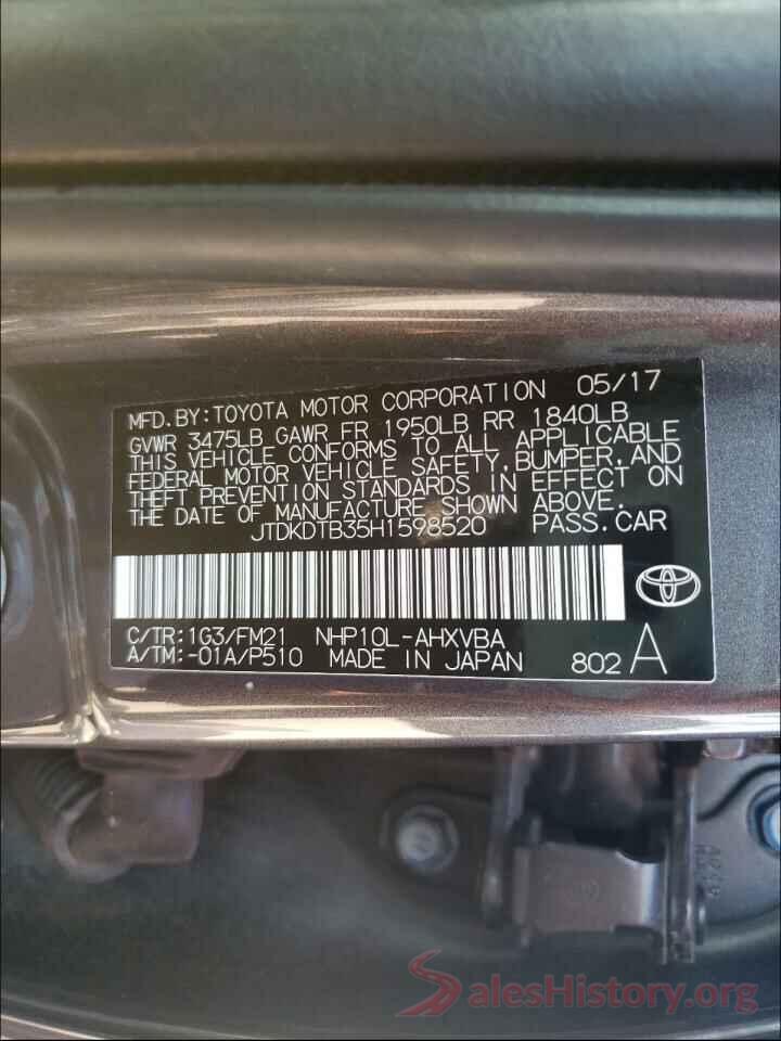 JTDKDTB35H1598520 2017 TOYOTA PRIUS