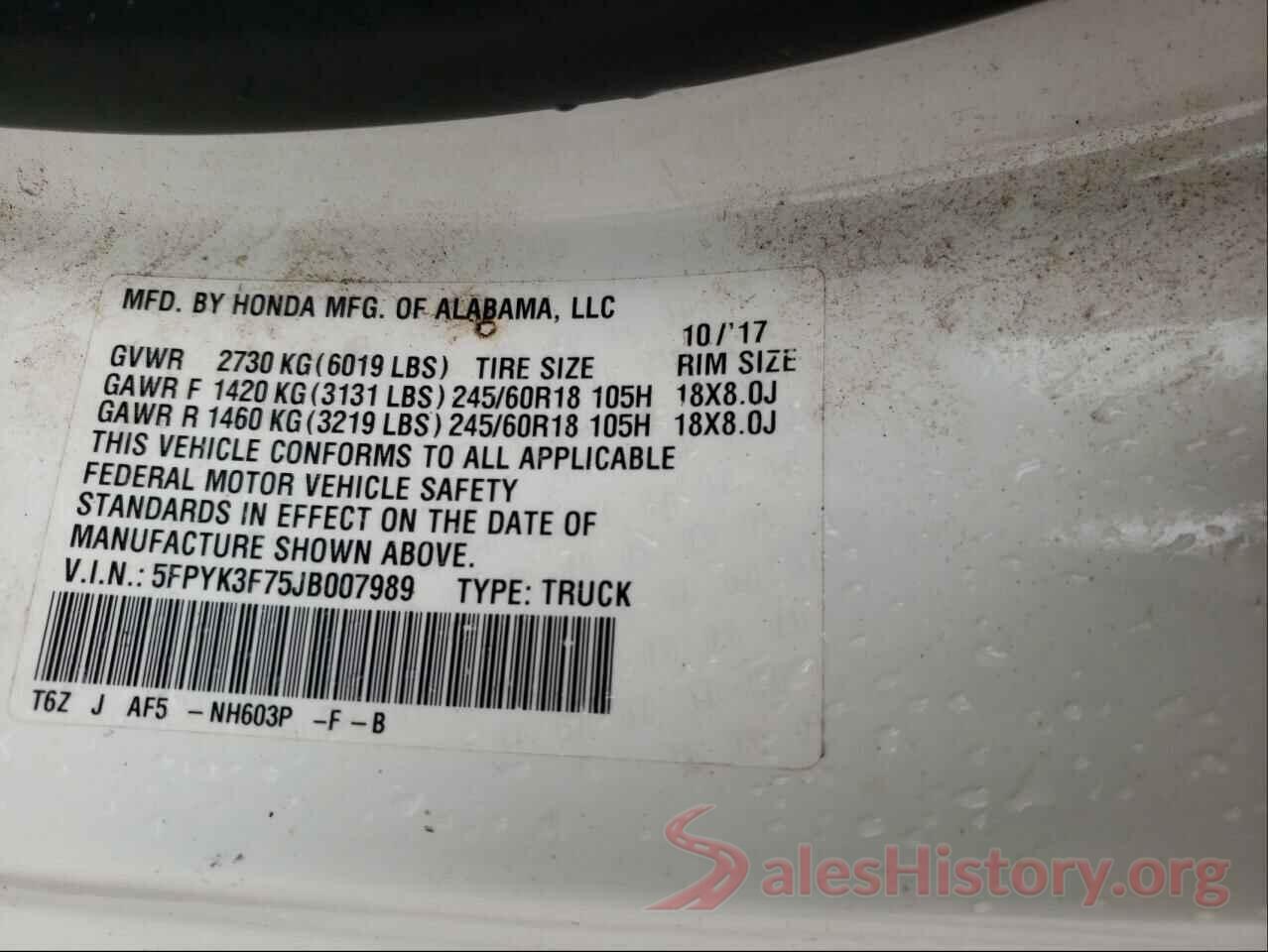 5FPYK3F75JB007989 2018 HONDA RIDGELINE