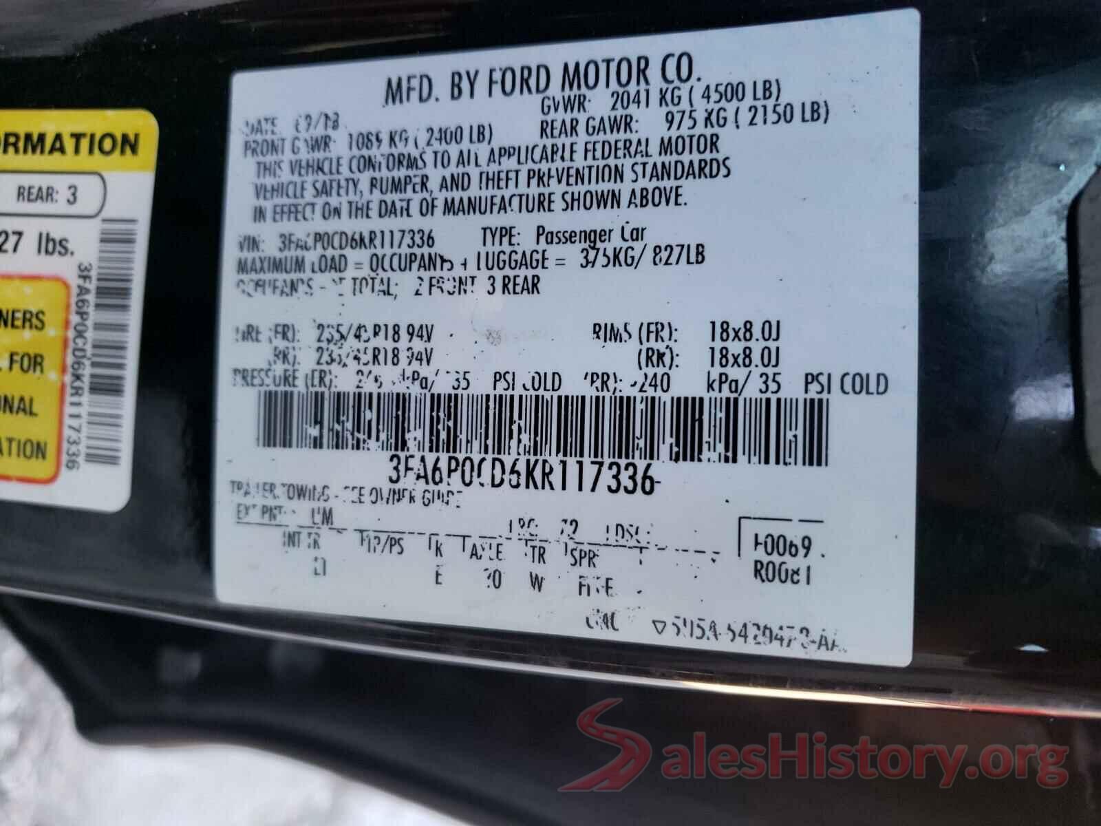 3FA6P0CD6KR117336 2019 FORD FUSION