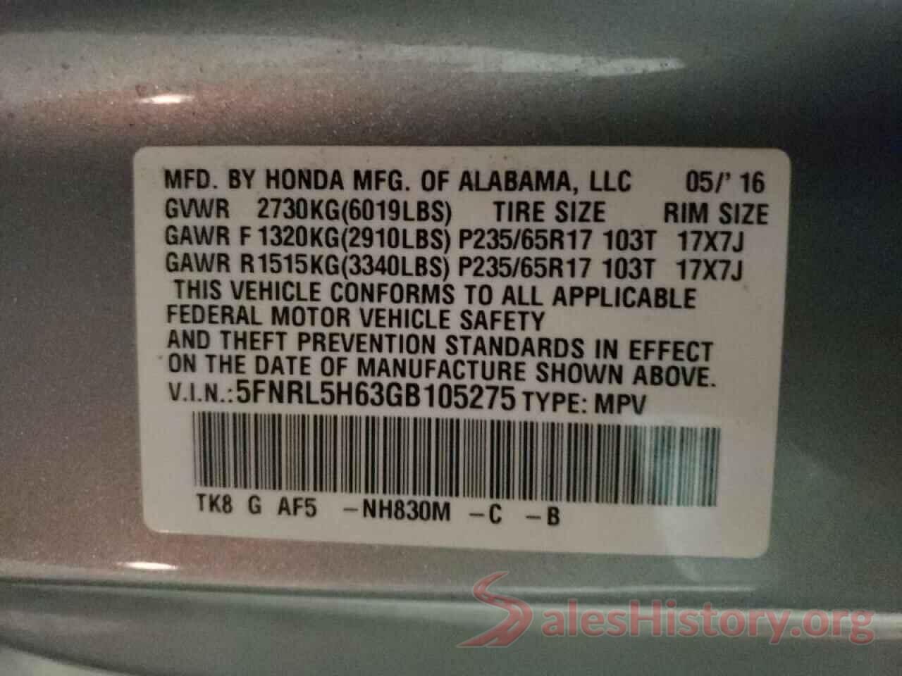 5FNRL5H63GB105275 2016 HONDA ODYSSEY