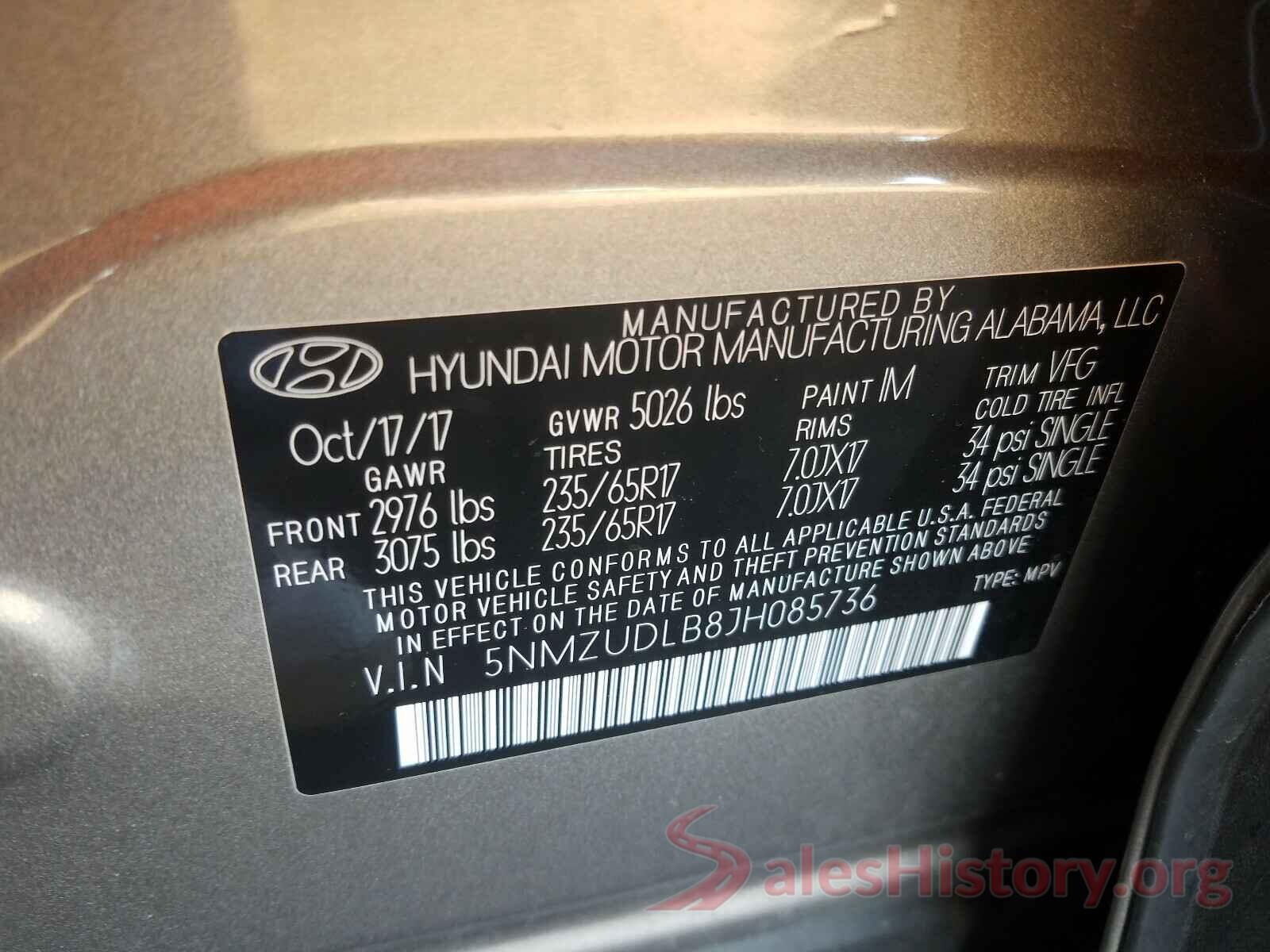 5NMZUDLB8JH085736 2018 HYUNDAI SANTA FE