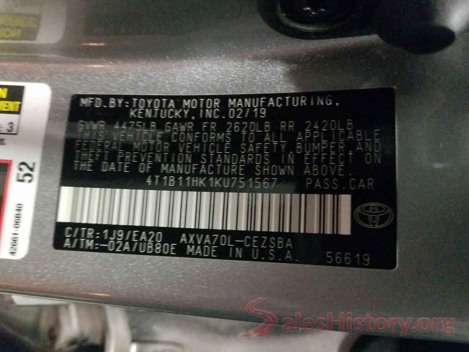 4T1B11HK1KU751567 2019 TOYOTA CAMRY