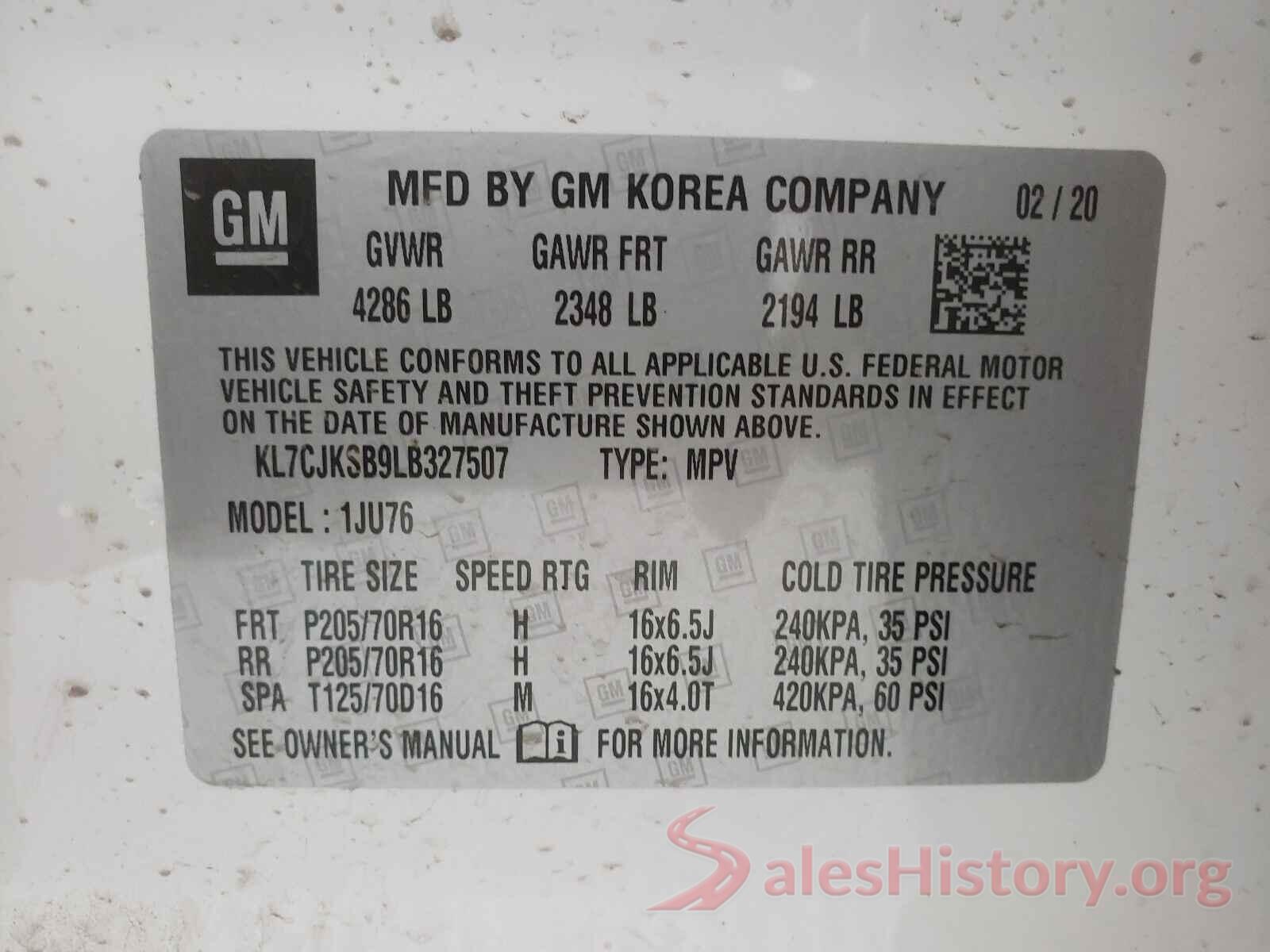 KL7CJKSB9LB327507 2020 CHEVROLET TRAX