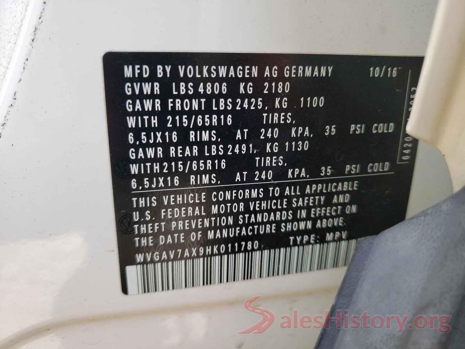 WVGAV7AX9HK011780 2017 VOLKSWAGEN TIGUAN