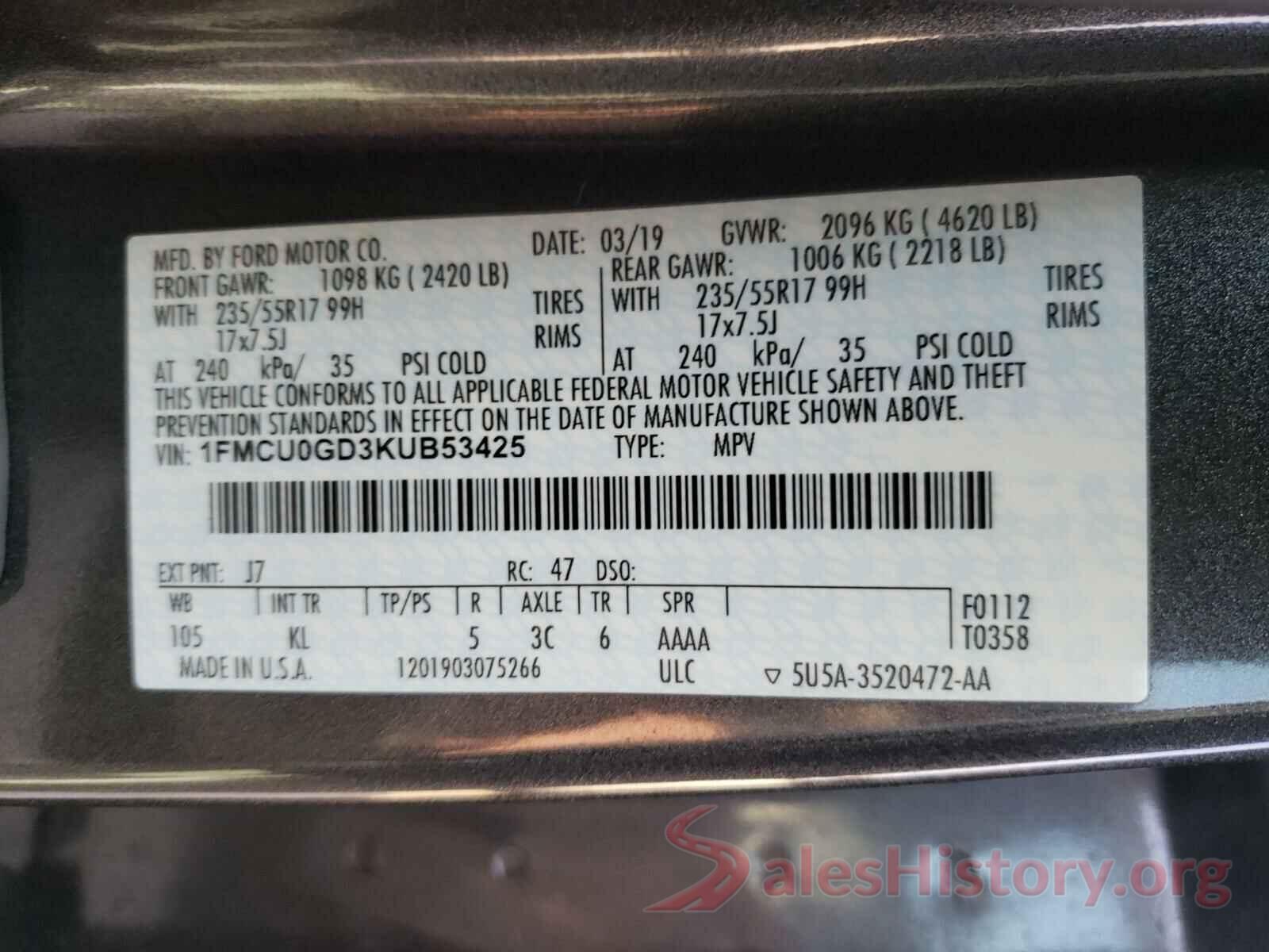 1FMCU0GD3KUB53425 2019 FORD ESCAPE