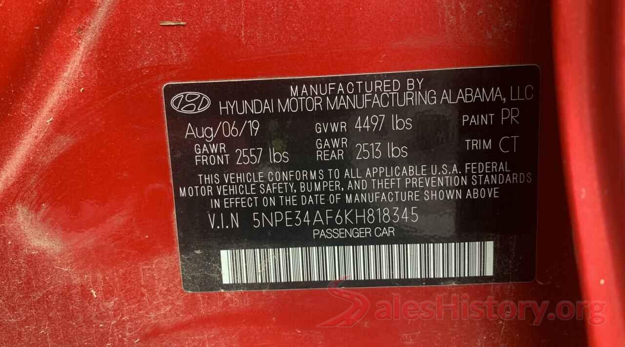 5NPE34AF6KH818345 2019 HYUNDAI SONATA