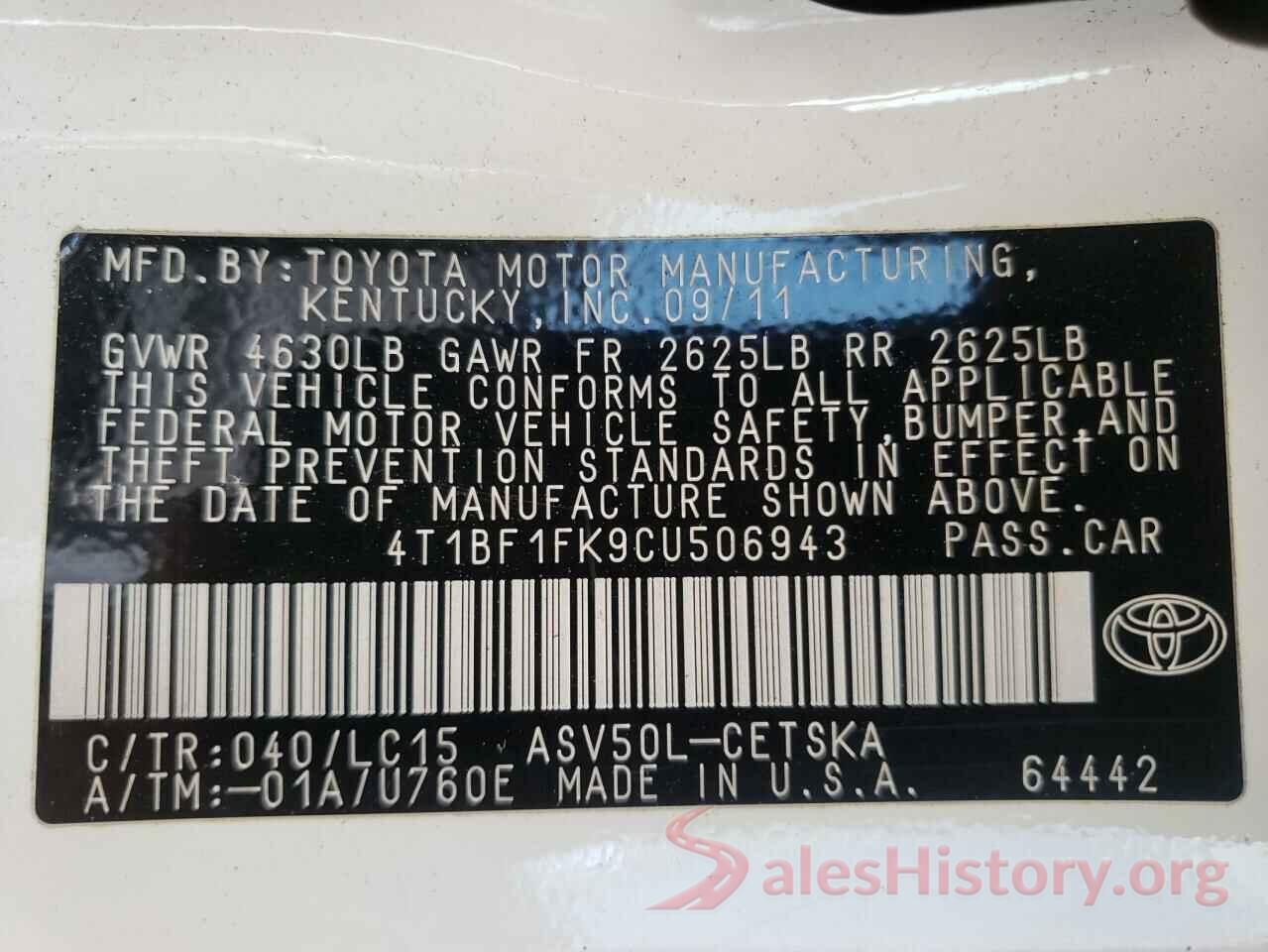 4T1BF1FK9CU506943 2012 TOYOTA CAMRY