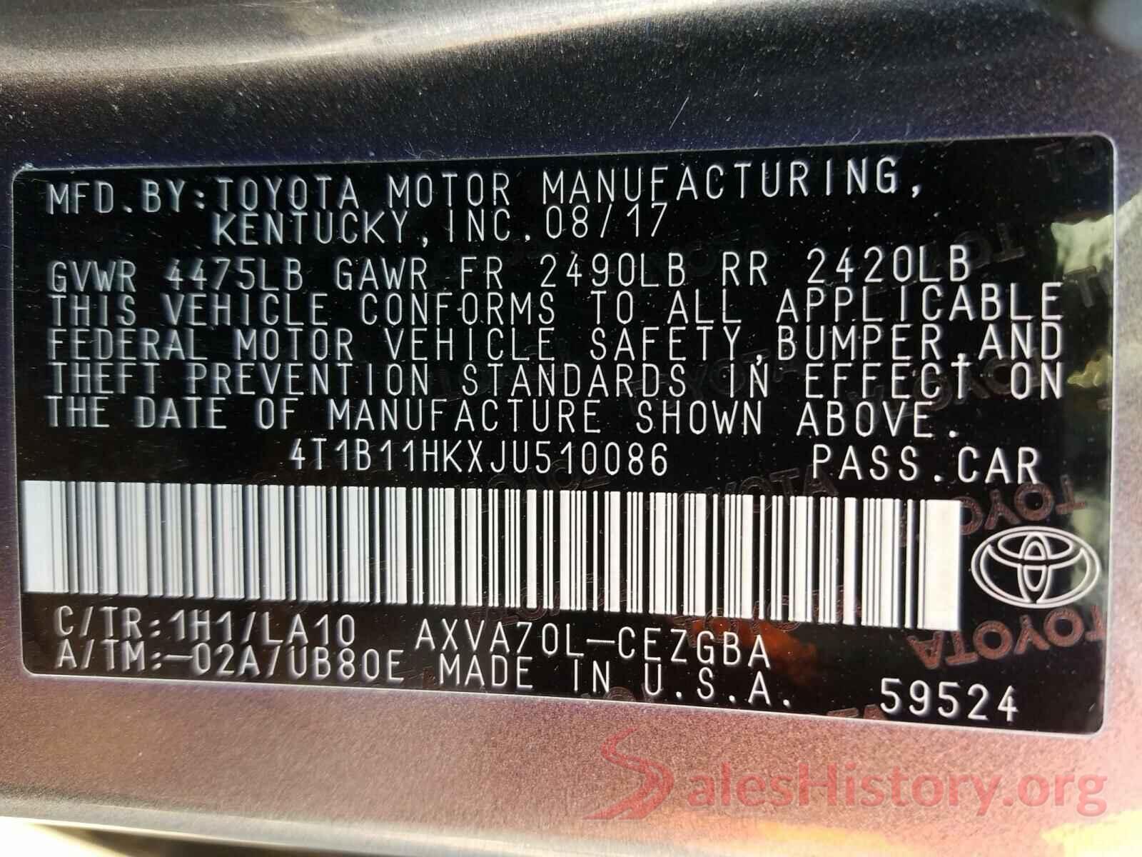 4T1B11HKXJU510086 2018 TOYOTA CAMRY