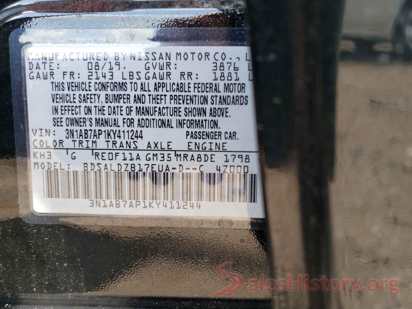 3N1AB7AP1KY411244 2019 NISSAN SENTRA