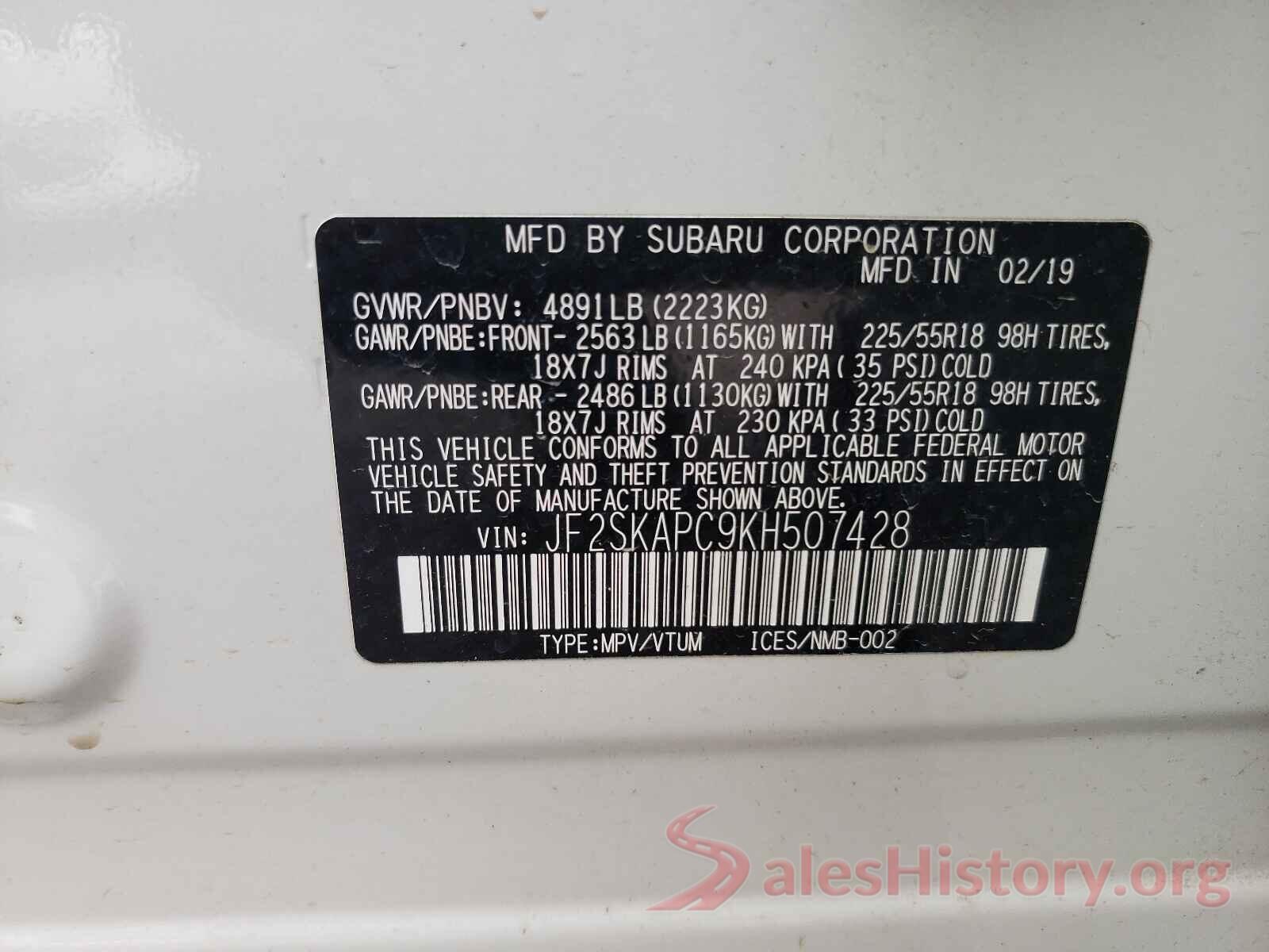 JF2SKAPC9KH507428 2019 SUBARU FORESTER