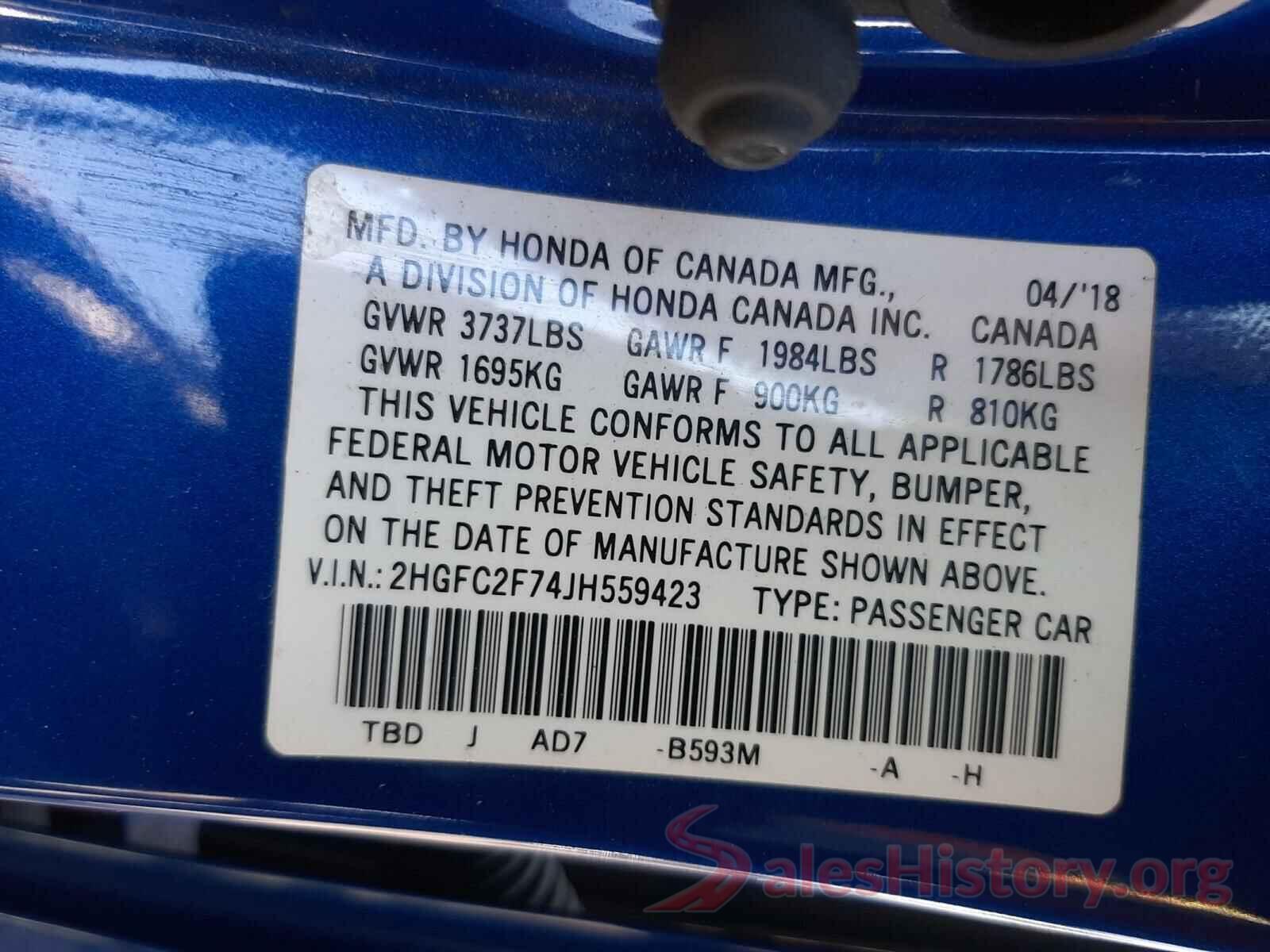 2HGFC2F74JH559423 2018 HONDA CIVIC