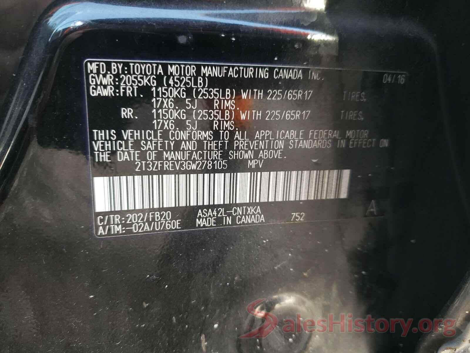 2T3ZFREV3GW278105 2016 TOYOTA RAV4