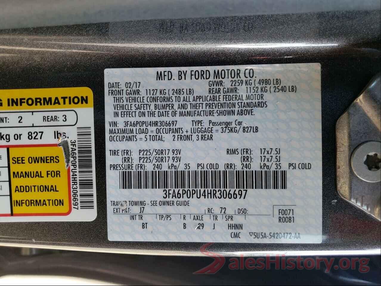 3FA6P0PU4HR306697 2017 FORD FUSION