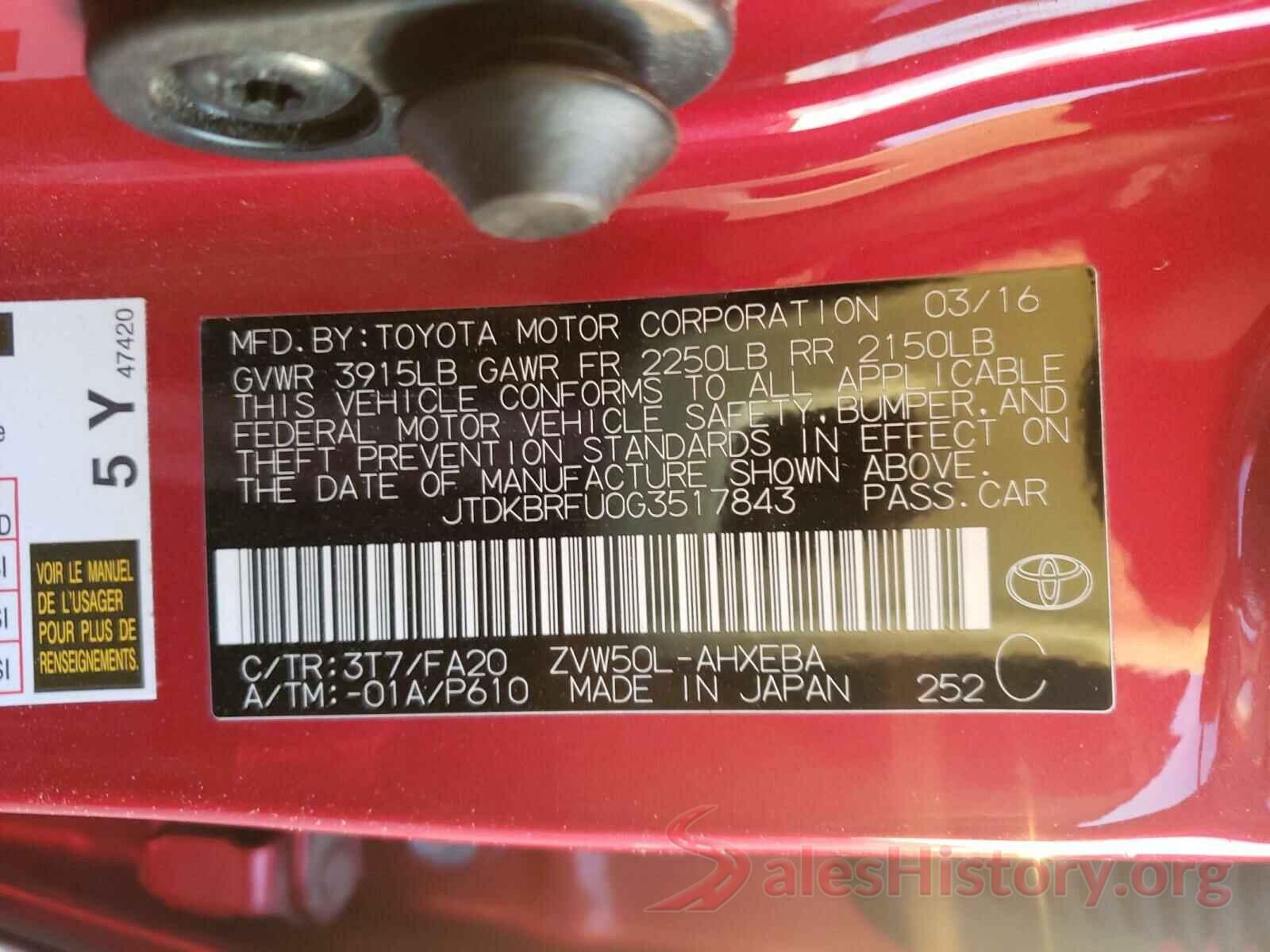 JTDKBRFU0G3517843 2016 TOYOTA PRIUS