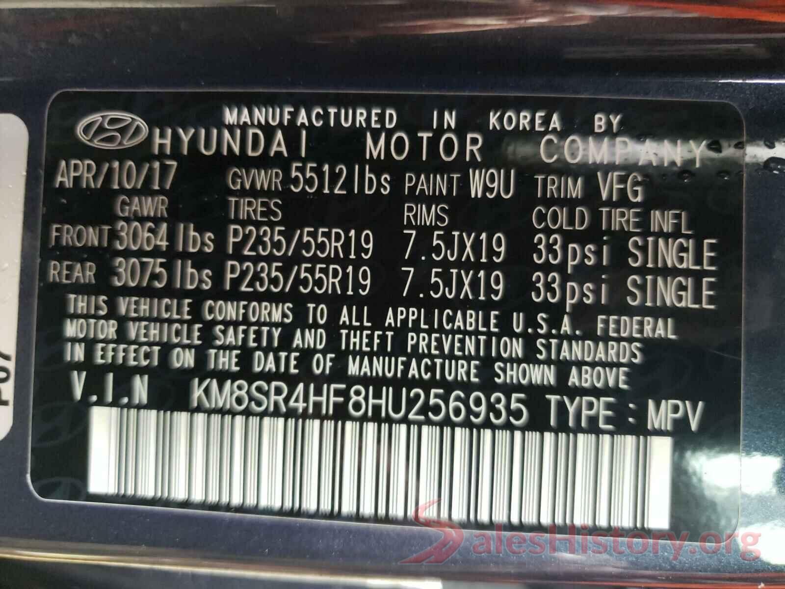 KM8SR4HF8HU256935 2017 HYUNDAI SANTA FE