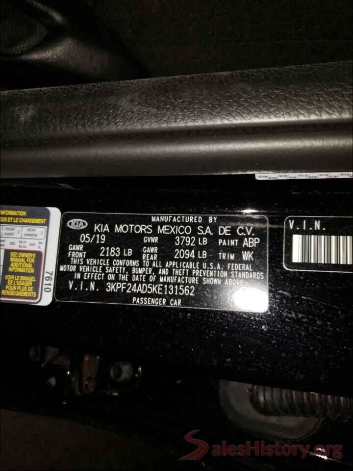 3KPF24AD5KE131562 2019 KIA FORTE