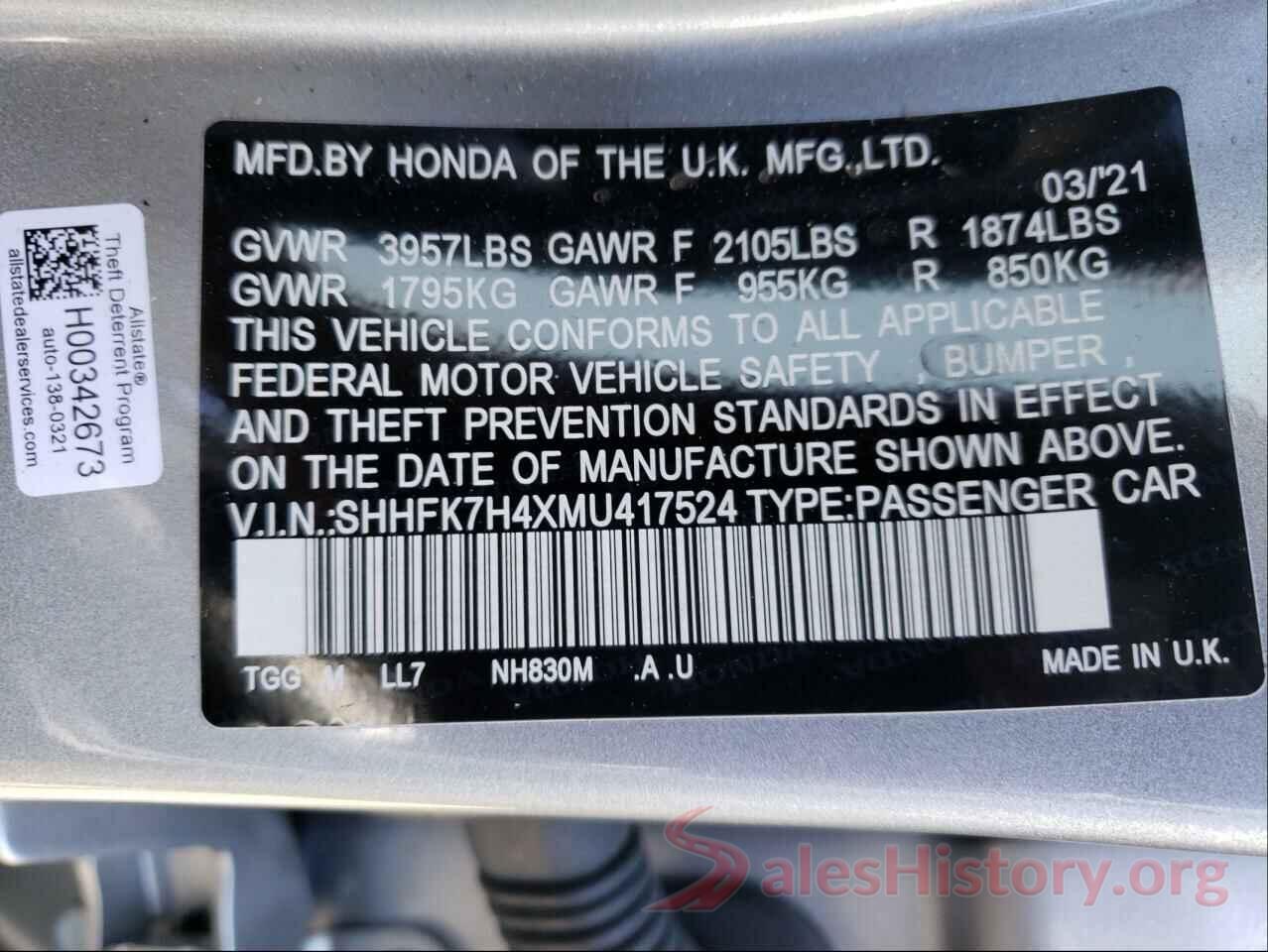 SHHFK7H4XMU417524 2021 HONDA CIVIC