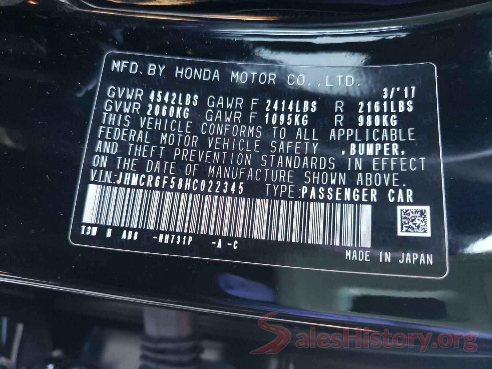 JHMCR6F58HC022345 2017 HONDA ACCORD