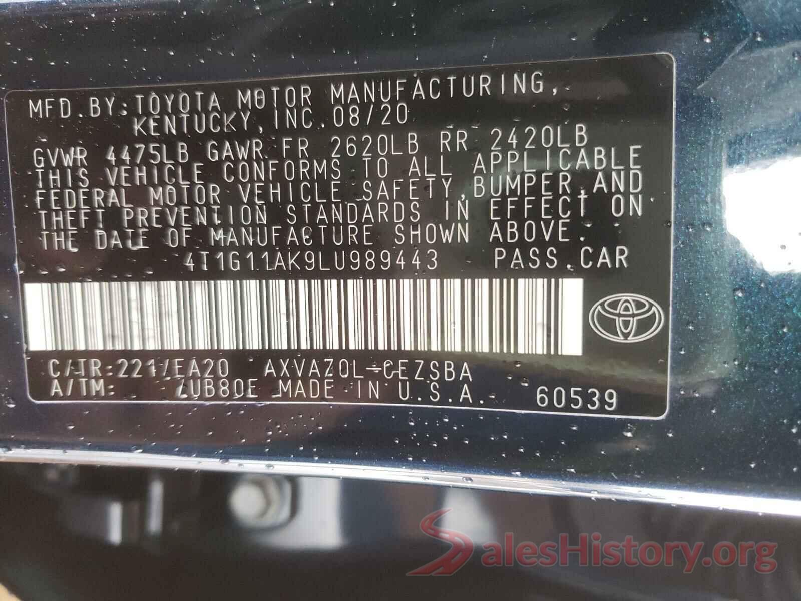 4T1G11AK9LU989443 2020 TOYOTA CAMRY