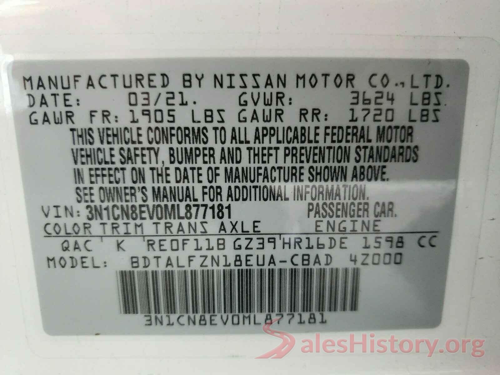 3N1CN8EV0ML877181 2021 NISSAN VERSA