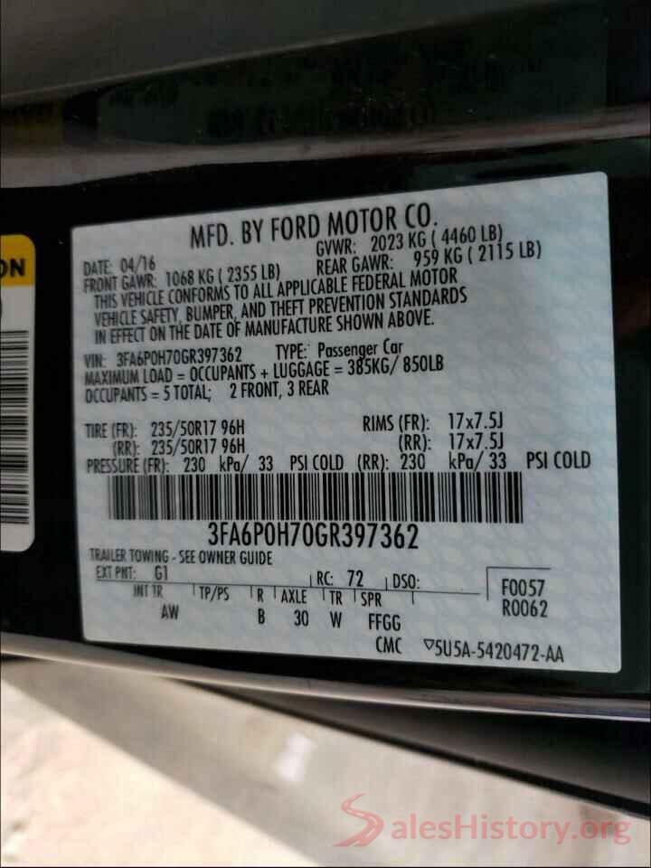 3FA6P0H70GR397362 2016 FORD FUSION