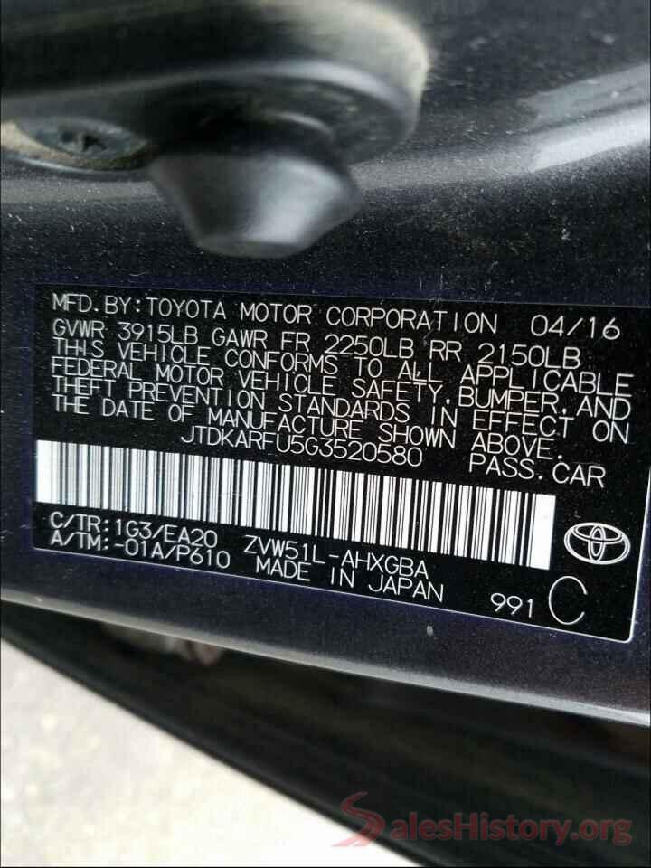 JTDKARFU5G3520580 2016 TOYOTA PRIUS