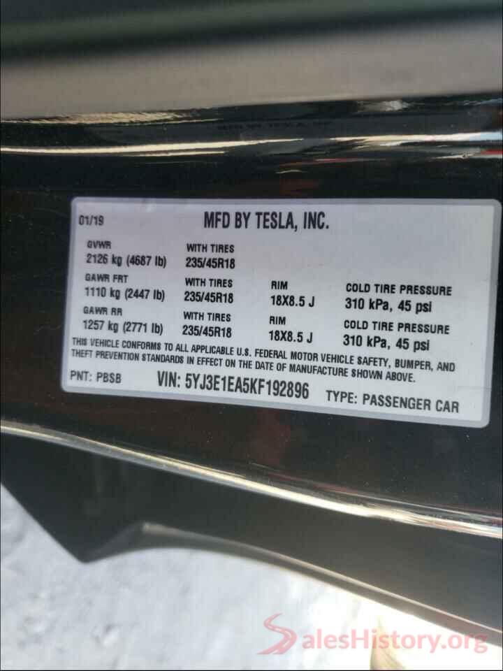 5YJ3E1EA5KF192896 2019 TESLA MODEL 3